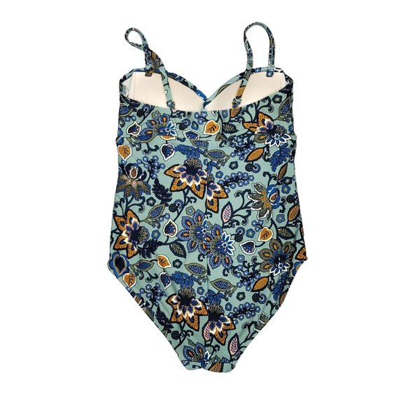 Tahiti boho floral one piece swimsuit floral blue yellow tan size Large 12-14 - Picture 2 of 6